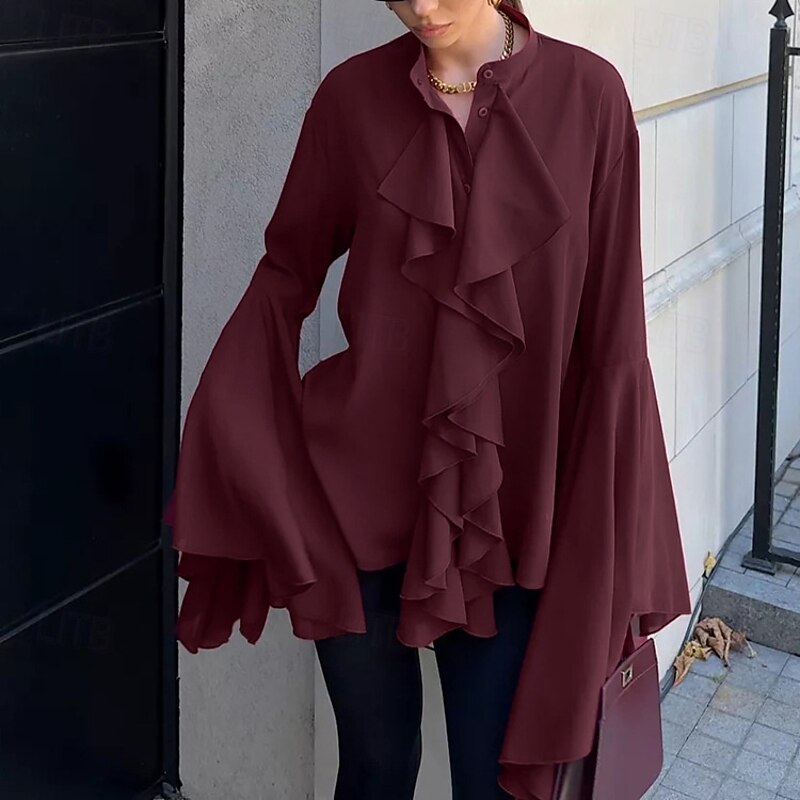 Women's Shirt Plain Elegant Stylish Basic Long Sleeve Bell Sleeve Regular Tops Daily Holiday Ruffle Black Wine Summer Spring Fall2