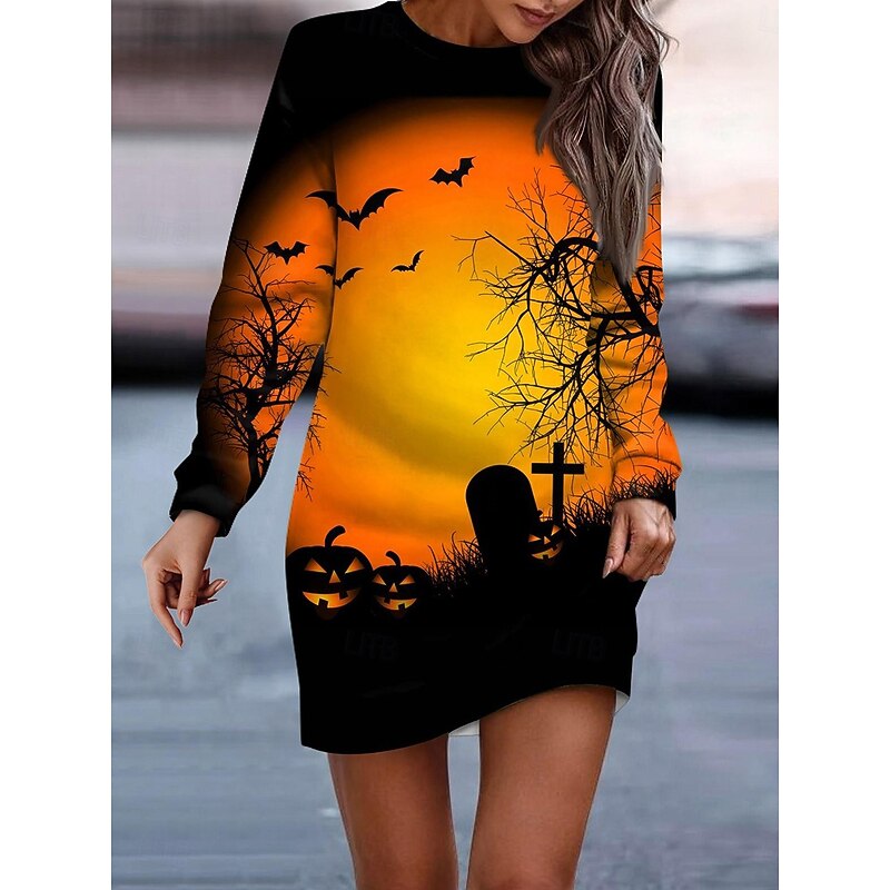 Halloween Women's Castle Print Sweatshirt Dress Mini Dress Shift Dress Casual Weekend Regular Fit Graphic Long Sleeve Crew Neck Black Navy Blue Blue Orange Spring Fall Winter