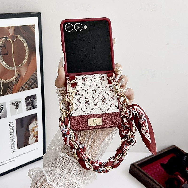 Phone Case For Samsung Galaxy Z Flip 7 Z Flip 6 Z Flip 5 Z Flip 4 Back Cover with Lanyard Shockproof Flower Floral PC3