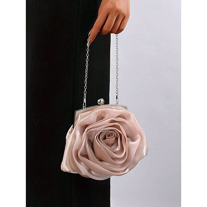 Women's Rose Flower Evening Clutch – Elegant Satin Purse with Chain Strap for Formal Events, Weddings and Cocktail Parties
