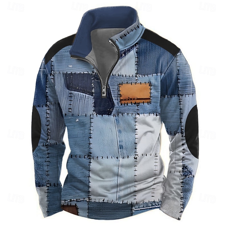 Men's Geometric Plaid 3D Sweatshirt Casual Long Sleeve High Neck Party Club Blue Brown Zipper Quarter Zip Fall Winter Designer