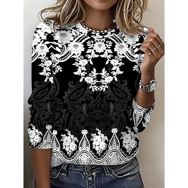 Women's T Shirt Graphic Geometric Tribal Vintage Stylish Classic Long Sleeve Crew Neck Round Neck Regular Tops Daily Print Black and White Spring Fall Winter