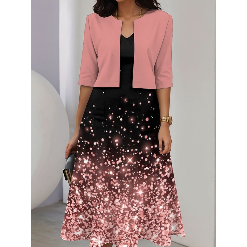 Women's Dress Set A Line Dress Midi Dress Elegant Casual Ombre Graphic Patchwork Print Midi Dress Half Sleeve V Neck Vacation Date Pink Blue Purple Summer Spring Regular Fit