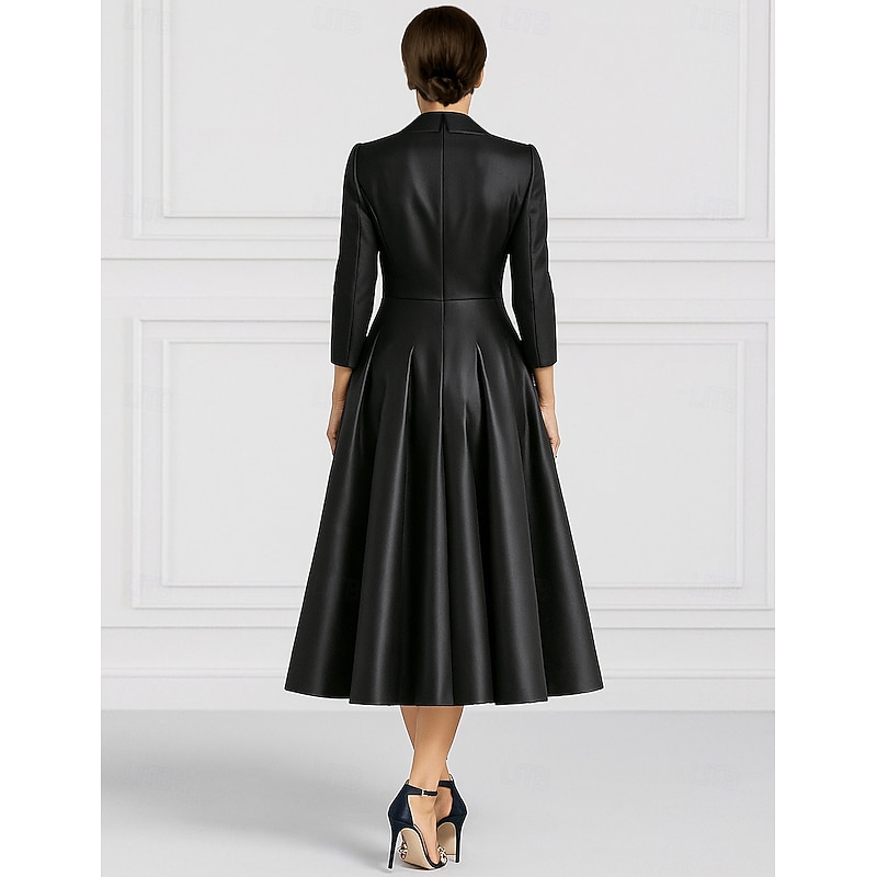 Tuxedo Dress A-Line Formal Wedding Guest Satin Silk Elegant Vintage Long Sleeve Tea Length Peak Lapel3