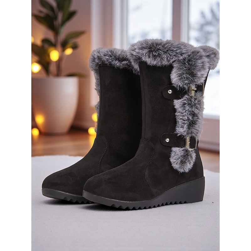 Women's Black Faux Suede Mid-Calf Winter Boots –  Plush Fur Lined, Non-Slip Outdoor Wedge Heel Snow Boots, Warm Trekking & Travel Footwear