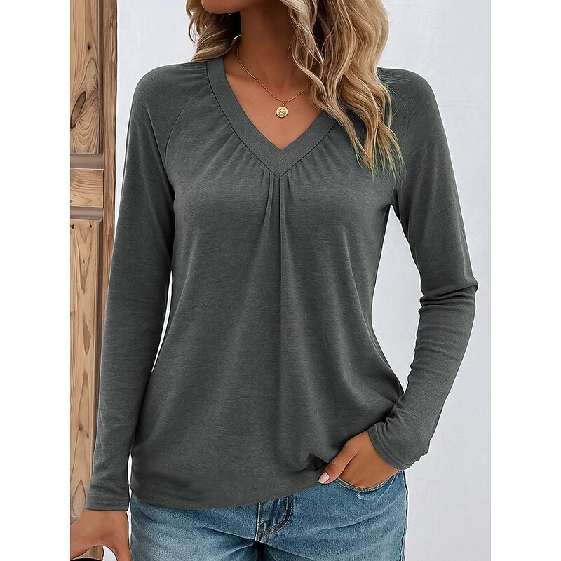 Women's Blouse Solid Color Stylish Casual Long Sleeve V Neck Regular Tops Daily Pink Blue Green Gray Spring Fall Winter4
