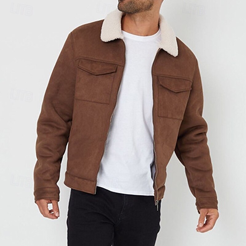 Men's Winter Jacket Fleece Jacket Casual Jacket Vacation Daily Thermal Warm Pocket Fleece Fall & Winter Plain Fashion Streetwear Lapel Regular Black Brown Coffee Jacket3