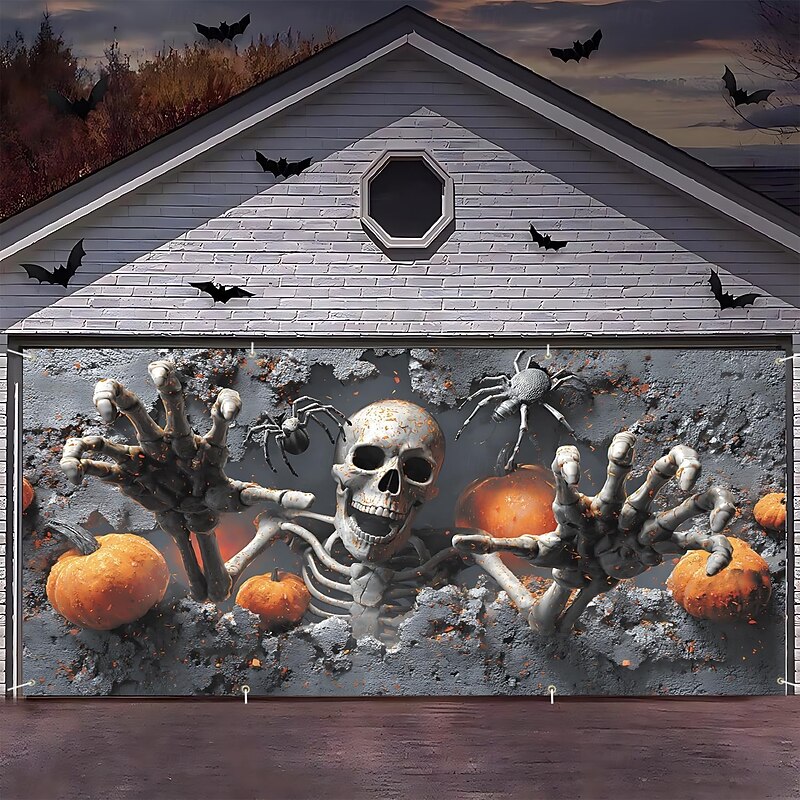 Halloween Garage Door Cover Skull Pumpkin and Spider Banner Haunted House Horror Scene Spooky Backdrop Tapestry for Outdoor Wall Fence Yard Halloween Party Decoration3
