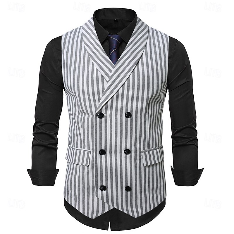 Men's Waistcoat Cocktail Attire Wedding Guest Casual Vintage Spring Fall Double Breasted Polyester Adjustable Striped Slim Fit Light Grey Dark Gray Vest2