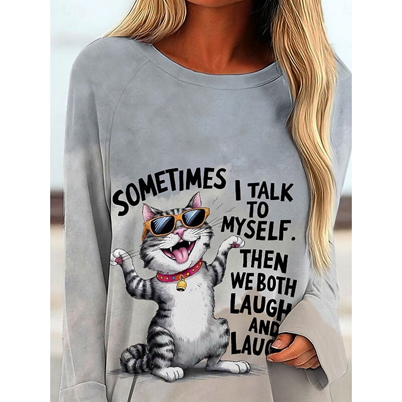 Women's T shirt Long Sleeve Graphic Animal Cat Vintage Stylish Classic Long Sleeve Crew Neck Round Neck Regular Tops Daily Print Gray Spring Fall Prefall2
