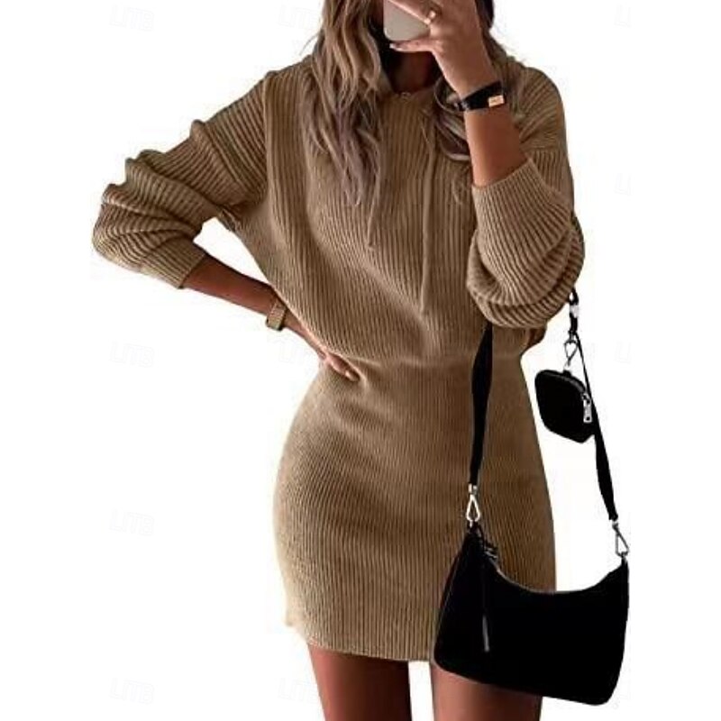Women's Sweater Dress Daily Stylish Basic Pure Color Ribbed Hooded Knitted Front Pocket Long Sleeve Regular Tops Knit Outdoor Daily White Blue Fall Winter4