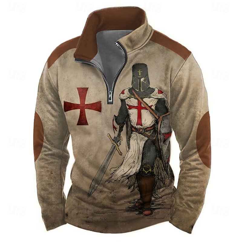 Men's Knights Templar Sweatshirt Casual Vintage Retro Long Sleeve High Neck Vacation Streetwear Blue Green Zipper Quarter Zip Fall Winter Designer