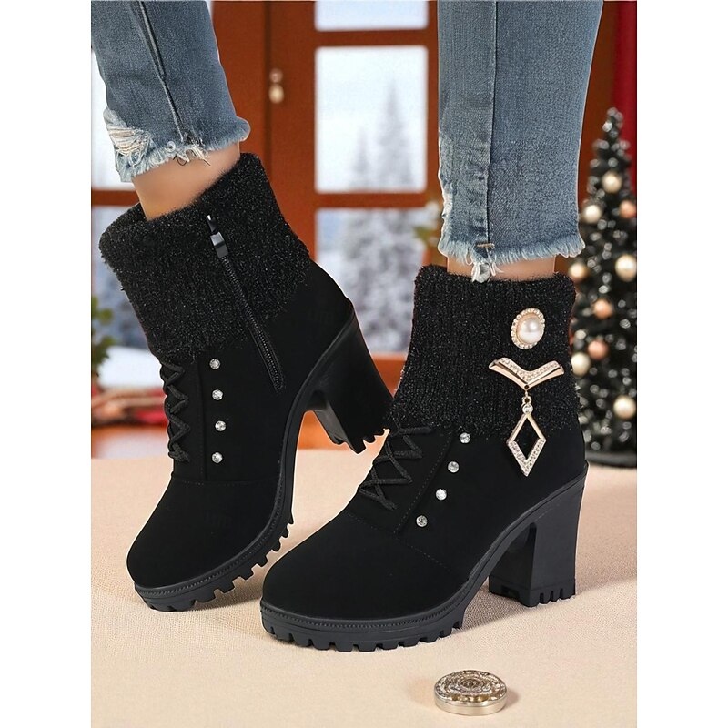 Women's Black Knit Cuff Ankle Boots with Rhinestone Lace-Up Design and Block Heels - Elegant Winter Heeled Booties for Christmas Outfits and Cold Weather Fashion