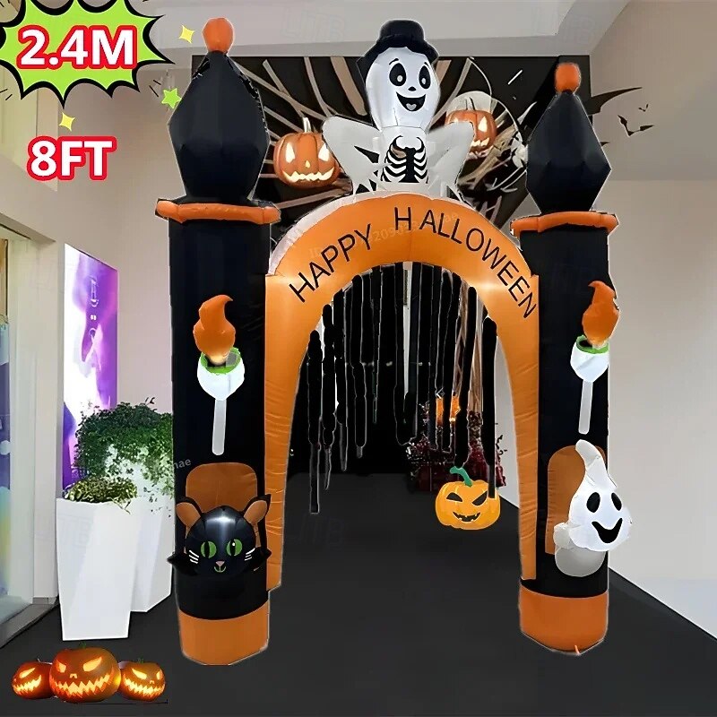 1 Pc 2.4M Halloween Black Cat Skull Ghost with Light Inflatable Air Model Arches Courtyard Porches Entrance Doors Lawn Party Halloween Atmosphere Decorative Light EU/US/UK/AU Plug4
