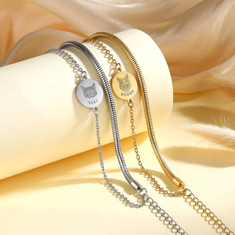 Personalized Pet Photo Memorial Bracelet, Custom Laser Engraved Double Chain Stainless Steel Wristband, Gold/Silver Keepsake Jewelry Gift for Mom, Dad, Couples4