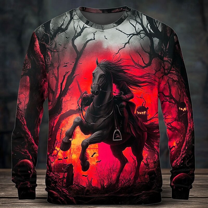 Halloween Men's Headless Horseman Sweatshirt Punk Party Long Sleeve Crew Neck Vacation Red Purple Crewneck 3D All Seasons Designer4