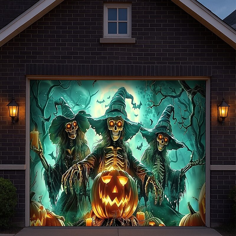 Halloween Garage Door Cover Skeleton Witches Banner with Glowing Pumpkin Lanterns Haunted Forest Moonlight Backdrop Tapestry for Spooky Outdoor Decoration4