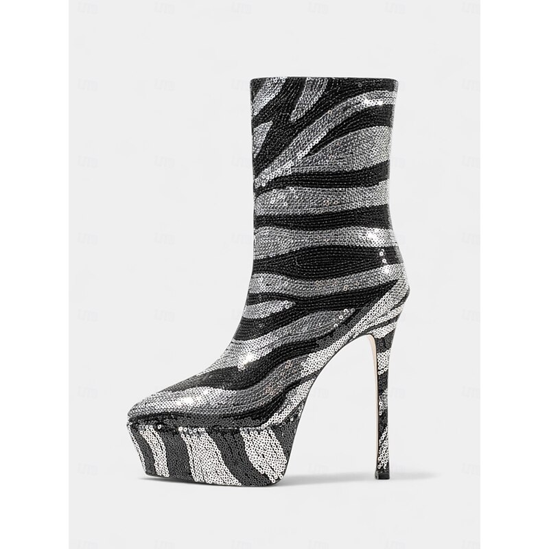 Women's Blue and Gold Sequin Platform Stiletto Ankle Boots - Bold Nightlife Party Footwear3