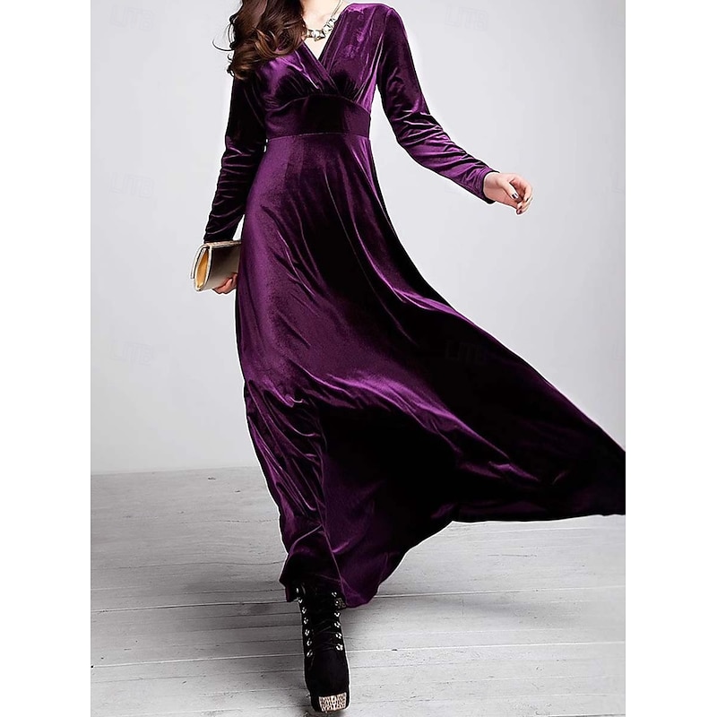 Women's Maxi Dress Sheath Dress A Line Dress Fit And Flare Dress Party Birthday Formal Wedding Party Wedding Guest Regular Fit Plain Long Sleeve V Neck Black Red Purple Spring Fall Winter Autumn4