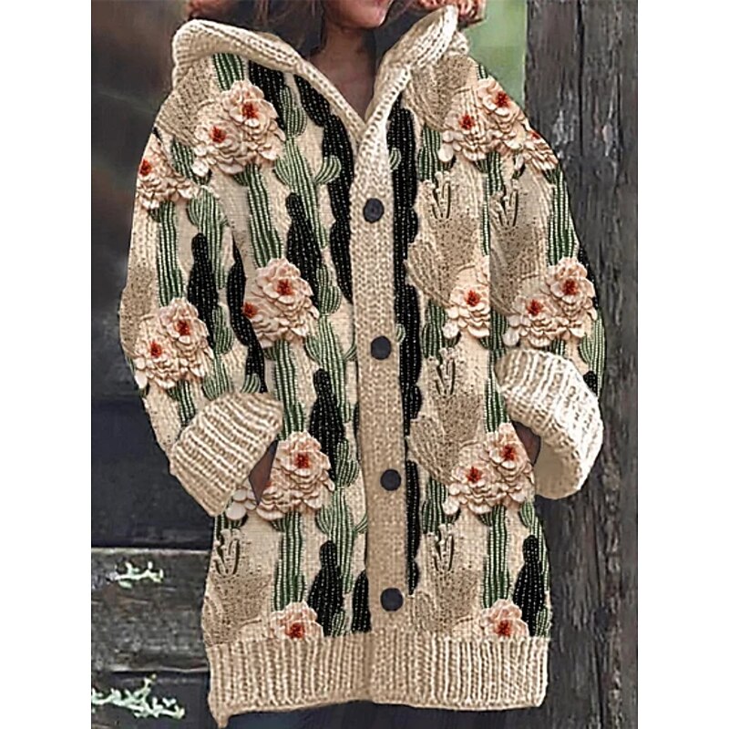 Women's Cardigan Vacation Daily Floral Ribbed Hooded Knitted Print Front Pocket Long Sleeve Regular Tops Knit Outdoor Daily Holiday Yellow Royal Blue Fall Winter4