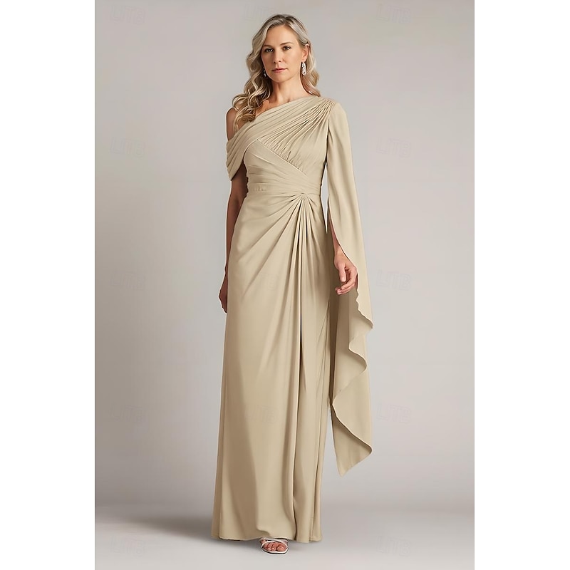 Sheath / Column Mother of the Bride Evening Gown Elegant Dress with Cape Overlay Formal Wedding Guest Floor Length Sleeveless One Shoulder Satin with Pleats Ruffles