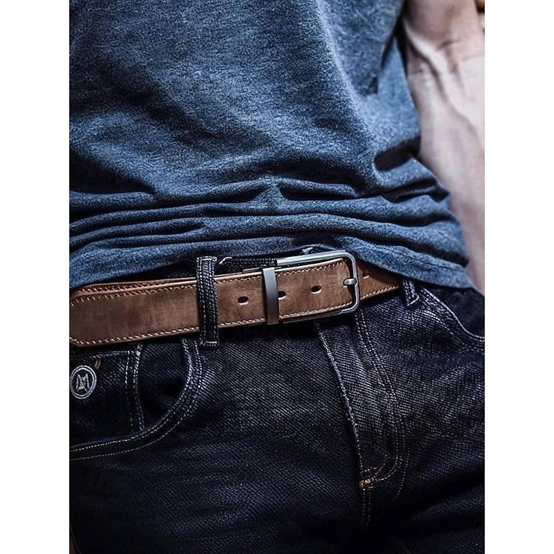 Men's Genuine Cowhide Leather Belt – Vintage Brown Strap with Matte Alloy Pin Buckle, Adjustable for Jeans, Work, Business Casual & Everyday Wea2