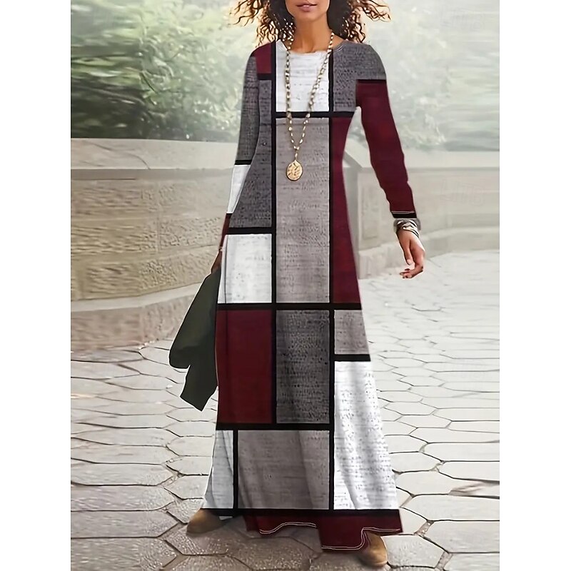 Women's Maxi Dress T Shirt Dress Tee Dress A Line Dress Summer Dress Vacation Casual Beach Daily Regular Fit Graphic Geometric Abstract Long Sleeve Crew Neck Wine Spring Fall Winter2