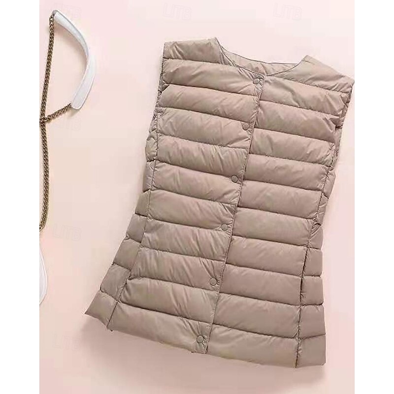 Women's Vest Comfortable Buttons Casual Plain Going out Weekend Single Breasted Regular Crewneck Regular Fit Sleeveless Outerwear Black White Khaki Fall Winter3
