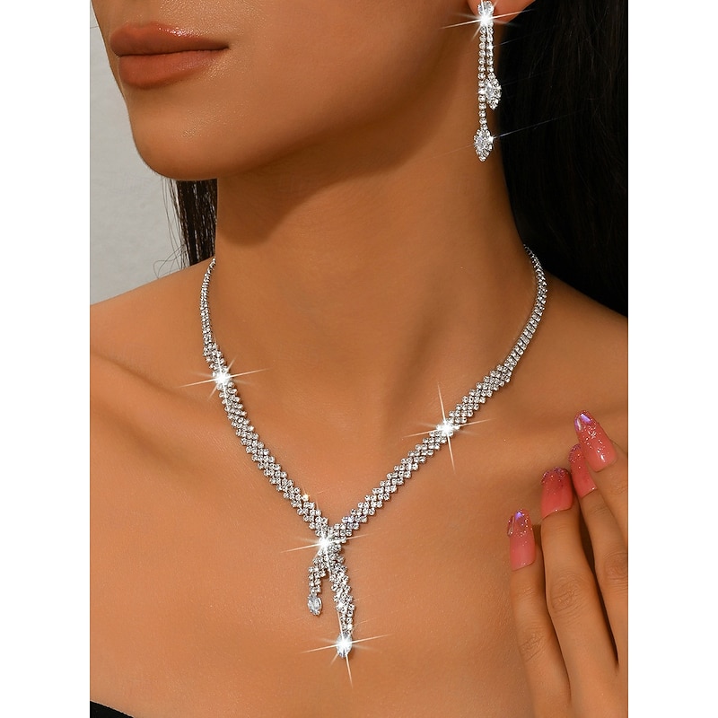 Women's Silver-Tone Necklace and Earring Set with Red Gemstone Accents - Elegant Party Jewelry3