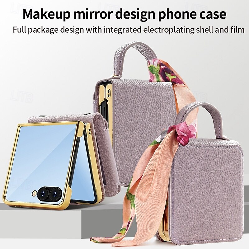 Phone Case For Samsung Galaxy Z Flip 6 Z Flip 5 Z Flip 4 Back Cover with Wrist Strap Shockproof Retro TPU PU Leather2