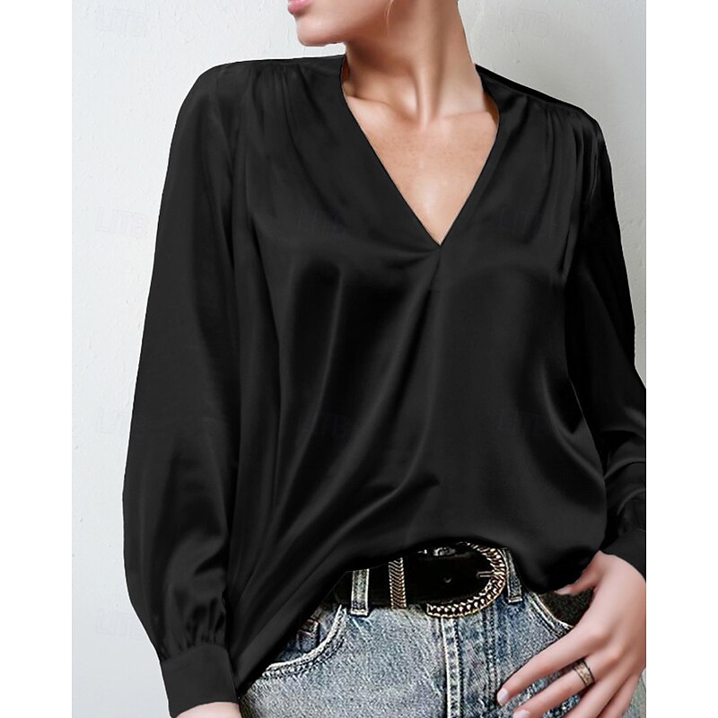 Women's Shirt Blouse Plain Modern Casual Long Sleeve V Neck Regular Tops Daily Holiday Going out Ruched Black White Yellow Pink Wine Fall3