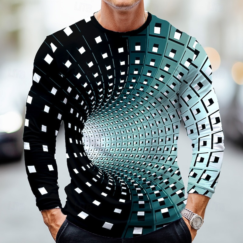 Men's Optical Illusion 3D T Shirt Long Sleeve T shirt 3D Print Crew Neck Shirt Fashion Exaggerated Street Daily Black Blue Green Summer Spring Fall Clothing Apparel S M L XL XXL XXXL4