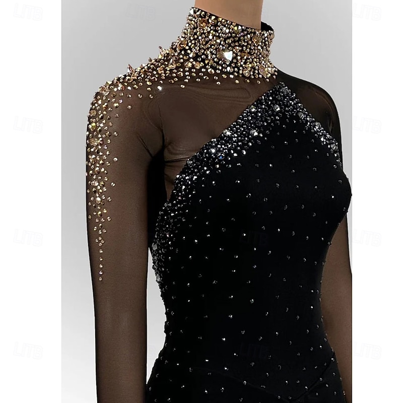 Figure Skating Dress Women's Girls' Ice Skating Dress Black Open Back Asymmetric Hem Mesh High Elasticity Training Competition Skating Wear Classic Crystal / Rhinestone Long Sleeve Ice Skating Figure2