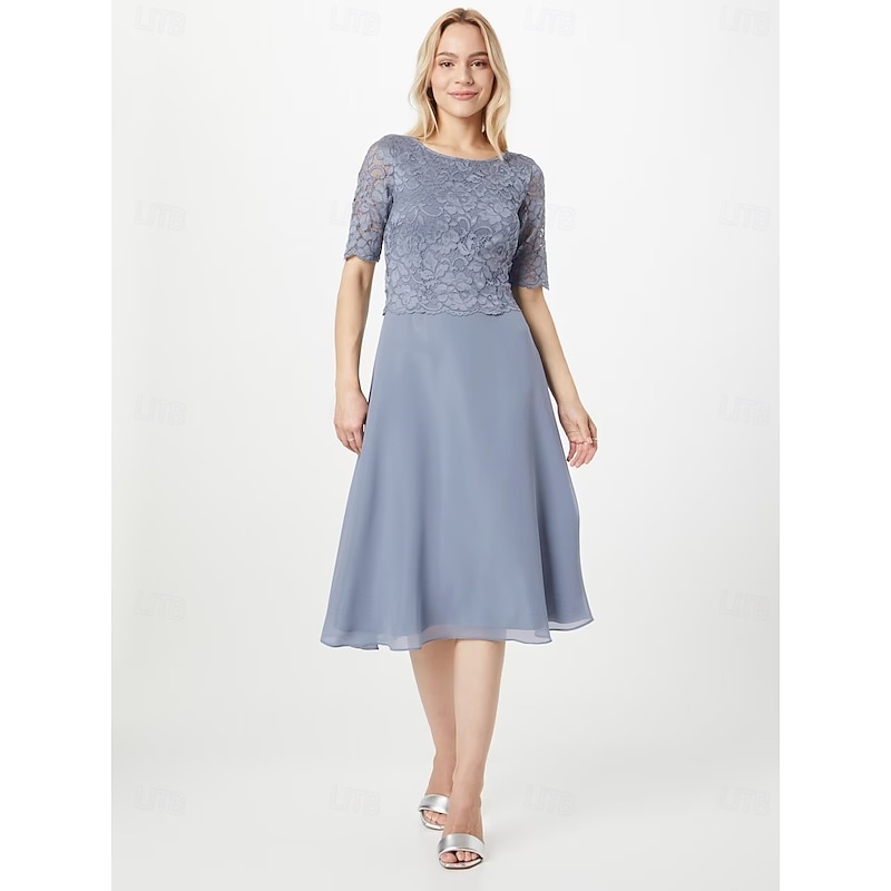 A-Line Mother of the Bride Dress Wedding Guest Elegant Petite Scoop Neck Knee Length Chiffon Half Sleeve with Pleats Solid Color4