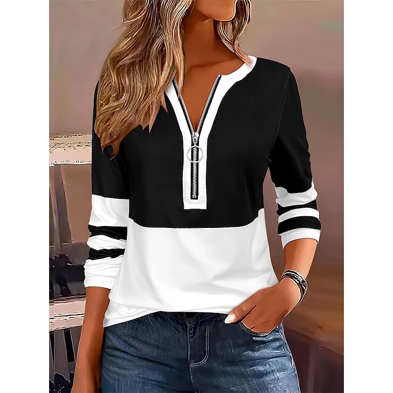 Women's T shirt Long Sleeve Graphic Color Block Striped Elegant Vintage Stylish Long Sleeve V Neck Regular Tops Daily Weekend Zipper Print Black Red Royal Blue Spring Fall Prefall