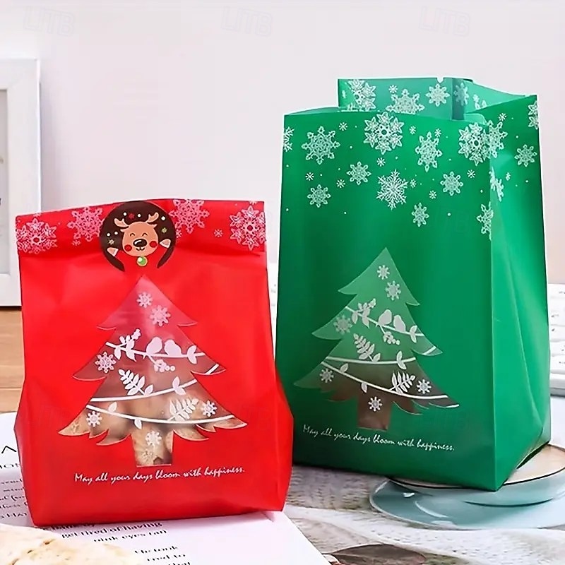 50PCS Christmas Plastic Gift Bag - Mixed Color with Snowflake and Christmas Tree Patterns Reusable Holiday Party Decoration Christmas Package Gift Supplies Christmas Decorations Stickers Not Included