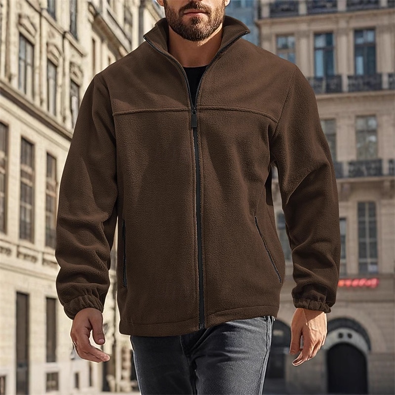Men's Winter Jacket Fleece Jacket Casual Jacket Vacation Daily Thermal Warm Pocket Fleece Fall Winter Plain Fashion Streetwear Stand Collar Regular Black Ivory Purple Orange Coffee Jacket3