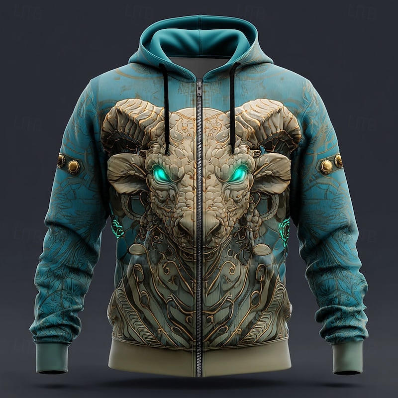 Men's Animal 3D Hoodie Jacket Sweatshirt Fantasy All Over Print Zip Vacation Going out Streetwear Red Blue Zipper Fall Winter Designer