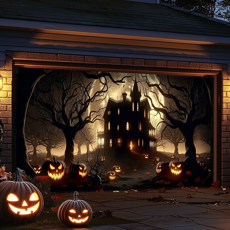 Halloween Tapestry Garage Door Cover Large Hanging Backdrop Pumpkin Castle Dark Punk Gothic Style Party Outdoor Shooting Backgrounds Front Door Home Decor4