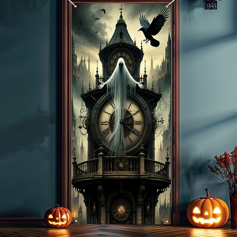 Halloween Door Cover Outdoor Banners Witch Banshee Psychedelic Dark Punk Gothic Style Party Outdoor Shooting Backgrounds Front Door Wall Porch Home Decor2