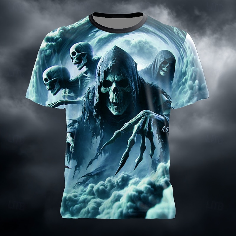 Halloween Men's Optical Illusion Grim Reaper 3D Reaper T Shirt Short Sleeve T shirt 3D Print Crew Neck Shirt Exaggerated Designer Horror Party Street Holiday Blue Green Summer Spring All Seasons4