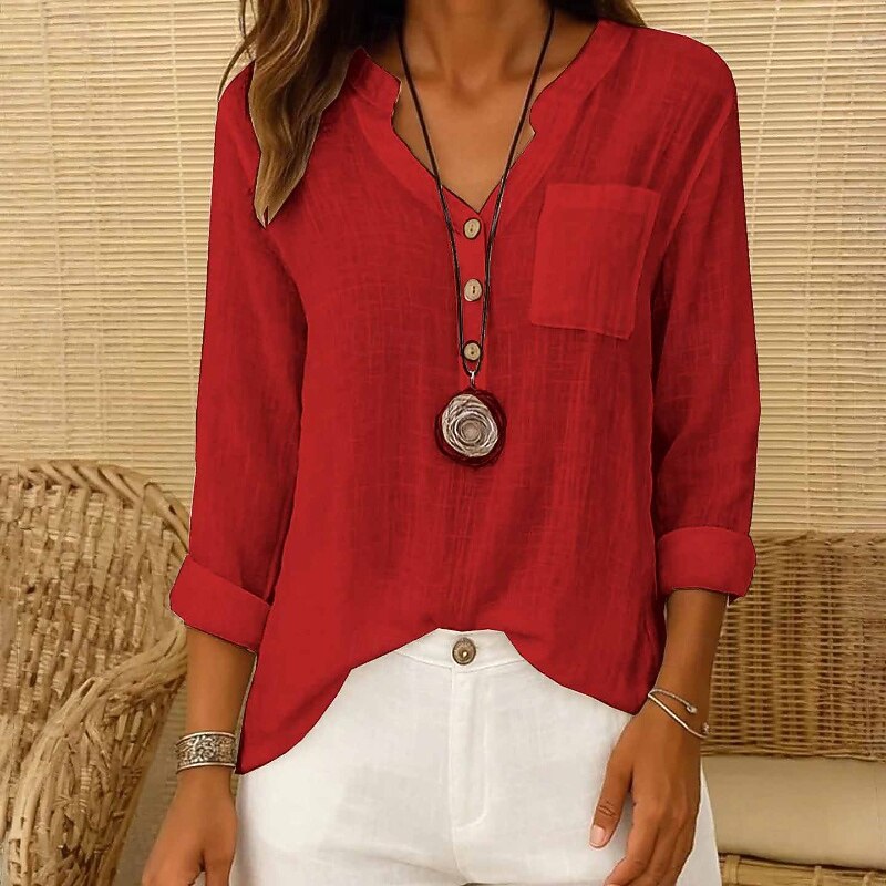 Women's Shirt Texture Blouse Blouse Plain Modern Casual Long Sleeve V Neck Regular Tops Daily Going out Pocket Buttons White Pink Red Blue Khaki Fall4