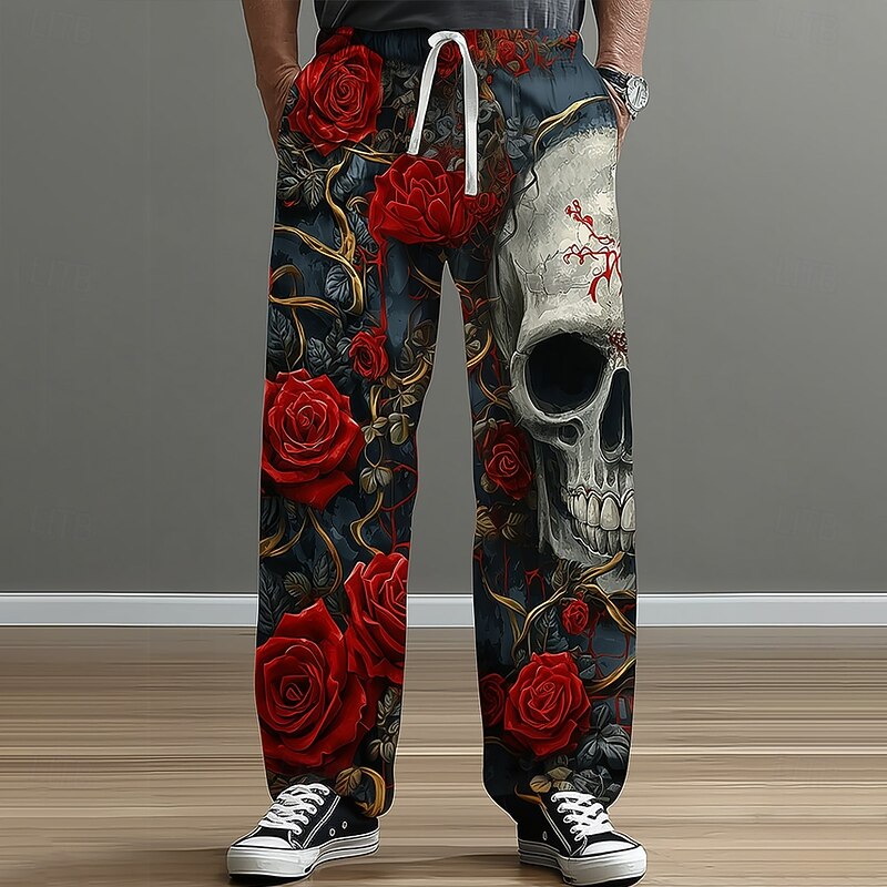 Men's Halloween Costumes Day of the Dead Trousers Baggy Pants Casual Pants Mid Waist Dark Punk Gothic Style Holiday Elastic Drawstring Waist Linen-Like Pants with Pockets Spring Fall 3D Print Dark2