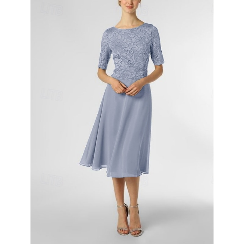 A-Line Mother of the Bride Dress Wedding Guest Elegant Petite Scoop Neck Knee Length Chiffon Half Sleeve with Pleats Solid Color2