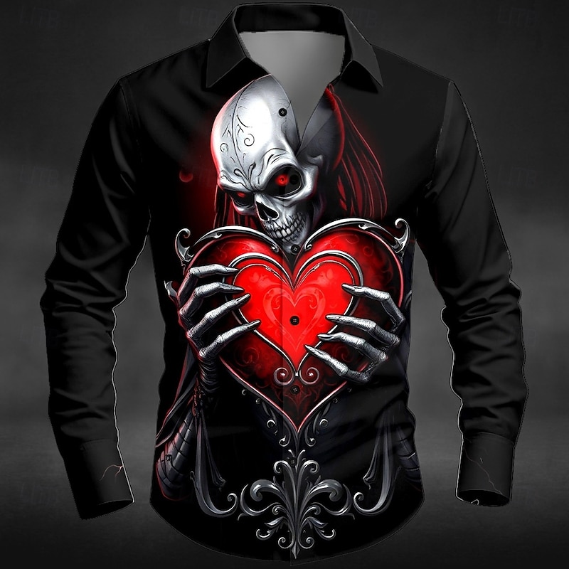 Halloween Men's Heart Skull Halloween Costumes Shirt Button Up Shirt Long Sleeve Dark Punk Gothic Style Outdoor Holiday Summer Spring Turndown 3D Print Collared Shirts Red Green