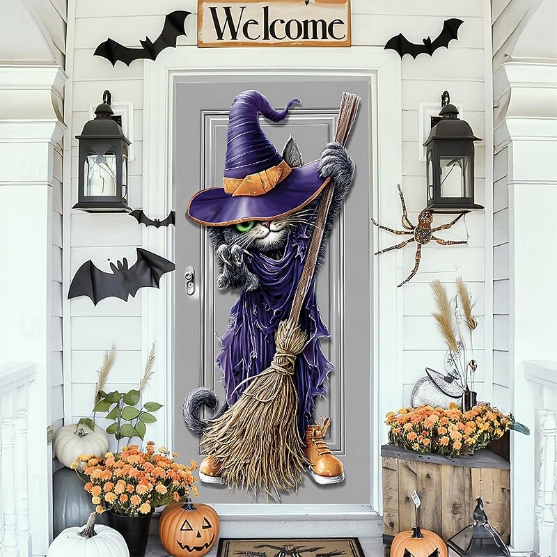 Halloween Door Cover Outdoor Banners Witch Cat 3D Dark Punk Gothic Style Party Outdoor Shooting Backgrounds Front Door Wall Porch Home Decor3