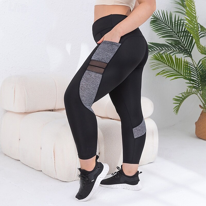 Women's Compression Pants Yoga Leggings with Pockets Large Size Tummy Control High Waist Gym Athletic Running Bottoms Color Block Black Fall Sports Activewear