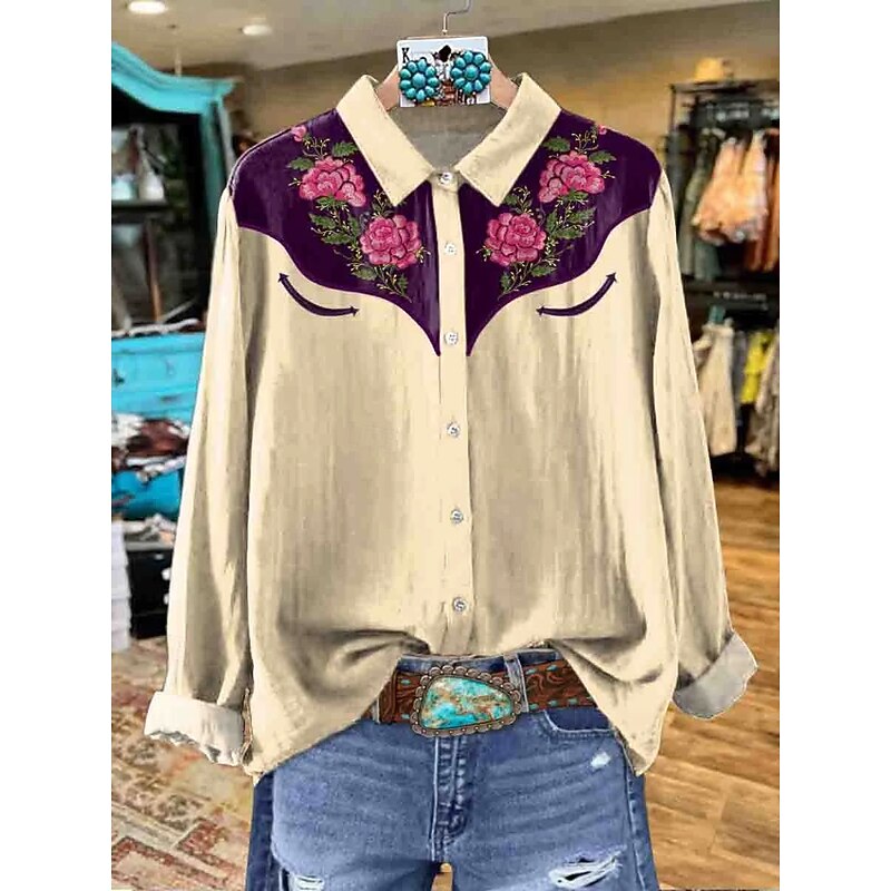 Women's Shirt Floral Graphic Elegant Bohemia Daily Long Sleeve Shirt Collar Regular Tops Work Daily Buttons Print Pink Green Khaki Gray Spring Fall Winter