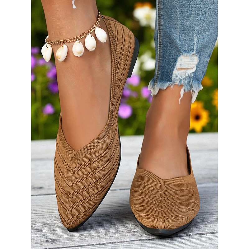 Women's Light Brown Pointed-Toe Flyknit Flats – Breathable Chevron Knit Ballet Shoes for Garden Parties, Office and Spring Fashion