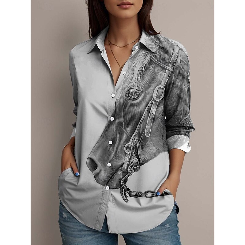 Dakota Daetwiler by Women's Shirt Blouse Graphic Animal Vintage Tropical Stylish Long Sleeve Shirt Collar Regular Tops Work Daily Holiday Buttons Print Light Grey Spring Fall